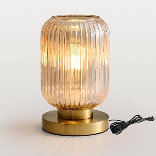 Mid Century Modern Table Lamp, 6" Amber Glass Desk Lamp Plug in by HONIEGG