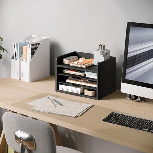 Ballucci File Organizer, 4-Tier Office Desk Organizer, Open Top Wood Paper Organizer for Classroom, Desktop Mail Sorter Paper Tray, Black - Image 2