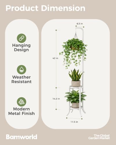 Bamworld Hanging Metal Plant Holder for Multiple Plants 2 Tier Planter Stand White - Image 2