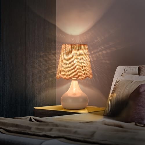 Light Blue Boho Small Table Lamp for Small Spaces, Small Rattan Shade Bedside Lamp for Bedroom, Cute Nightstand Light for Bedside, Kitchen Counter, Bookshelf Lamp, Home Office, Living Room, Dorm - Image 7