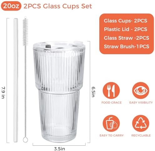 2PCS 20oz Glass Cups with Lids and Straws, Iced Coffee Cups with Lids, Stylish Ribbed Thick Drinking Glasses Tumbler for Juice, Smoothies, Cold Beverages, Cute Cup Gifts with Clean Brush - Image 3