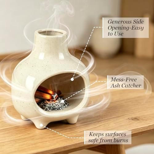 Ceramic Palo Santo Holder, Smudge Bowl Burner with Feet and Chimney Handcrafted, Ash Catcher for Sage, Incense Cones & Candles, Palo Santo Sticks, for Home, Meditation & Spiritual Ceremony (Beige) - Image 5