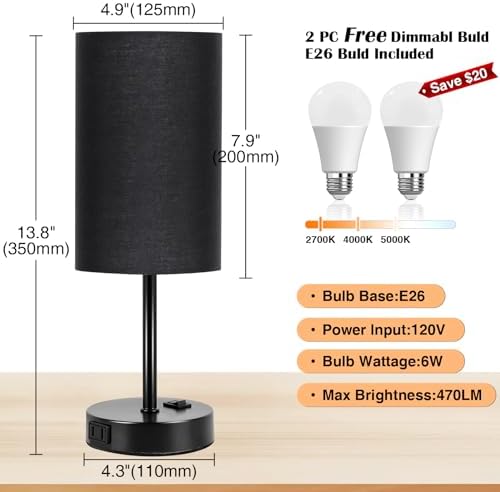 ZJOJO Black Table Lamp Set of 2, 13.8" Small Lamp for Bedroom Nightstand - Image 4