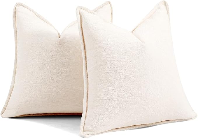 Pack of 2 Cream White Decorative Throw Pillow Covers 16x16 Cozy Soft Chenille Accent Vintage Square Couch Pillow Covers for Home Decor Bed Sofa Living Room