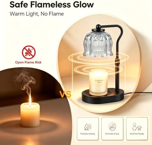 Briever Flower Candle Warmer Lamp, Adjustable Height Electric Candle Lamp with Timer & Dimmer, Wooden Base Wax Warmer, Christmas Birthday Housewarming Gifts for Women Mom, Black-Gray Glass - Image 5