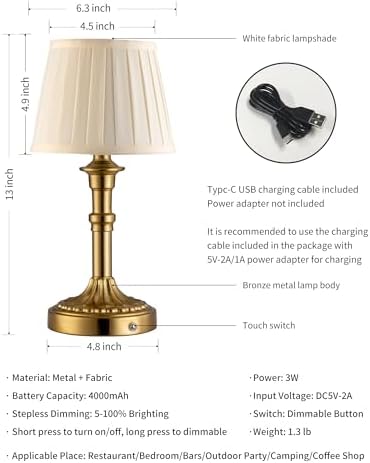 KDG Gold Cordless Portables Table Lamp, Beige Fabric Shade Small Desk Lamp - Image 5
