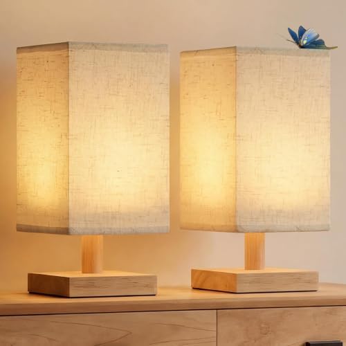 Small Table Lamp Set of 2, Square Short Bedside Lamps 2700K Warm LED with Linen Shade & Wood Base, USB Nightstand Lamps for Bedroom Living Room by Oizuon