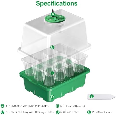 Bonviee Seed Starter Trays with 12-LED Grow Lights, Green, 5 Pack - Image 2