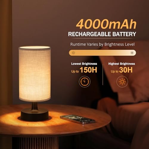 Kakanuo Cordless Table Lamp Rechargeable Small - 1 Pack Linen Black, 4000mAh Battery Operated Lamp with Touch Control Stepless Dimming, Wireless Lamp for Bedside, Nightstand, Bedroom, Living Room - Image 4