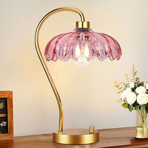 ILLMTW Flower Table Lamp for Bedroom Living Room,Pink Small Bedside Lamps Dimmable Boho Gold Bedroom Lamp with Glass Lamp Shade,Vintage Mid Century Modern Mini Nightstand Lamp by IlluminateTheWorld