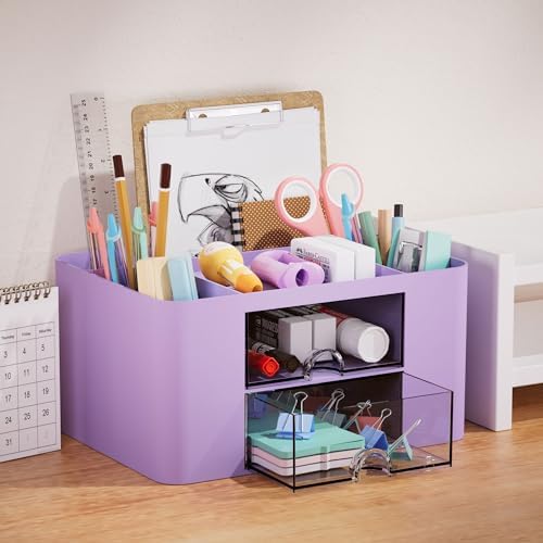 Marbrasse Pen Organizer with 2 Drawer, Multi-Functional Pencil Holder for Desk, Desk Organizers and Accessories with 5 Compartments + Drawer for Office Art Supplies (Purple) - Image 3