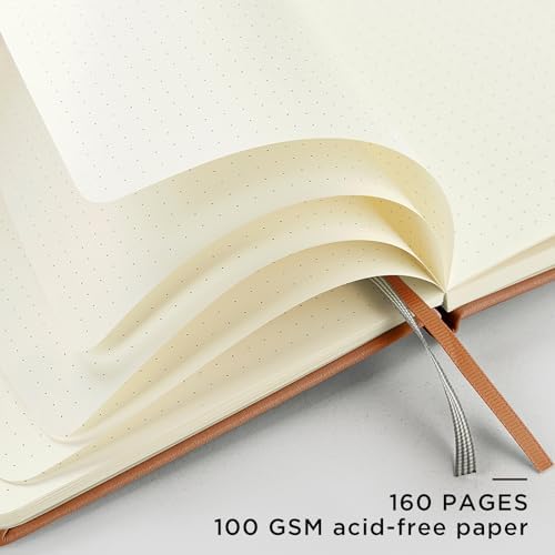 &And Per Se Dotted Journal Notebook, A5 Hardcover Leather Dotted Journal, 160 Pages 100gsm Thick Dot Grid Paper, 3 Sheets of Stickers Included - 5.7'' x 8'' (Light Brown) - Image 4