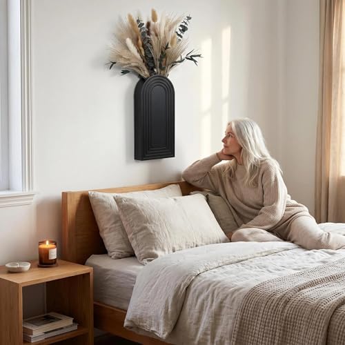 Set of 2 Wooden Wall Vases with Dried Pampas Grass & Eucalyptus, Boho Farmhouse Decor for Living Room, Entryway, Bathroom, Rustic Home Art(Black) - Image 5