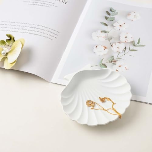 Shell Jewelry Dish, Shatterproof Matte White Metal Ring Tray with Velvet Base, Ceramic-Look Scallop Trinket Dish for Vanity, Coastal Decor Catchall, Nightstand & Gift - Image 5