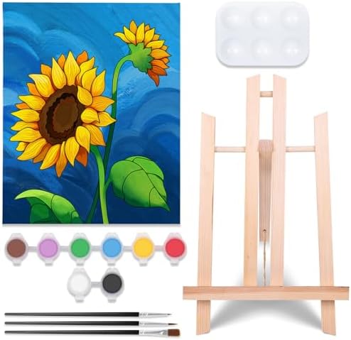 VOCHIC Paint and Sip kit Pre Drawn Canvas Painting Kit for Adults Kids, Canvas Painting Party Supplies Kit with Picture to Paint 1 Easel, 8 Acrylic Colors,3 Brush,1 Pallet Sunflower Art Set (8x10) by VOCHIC
