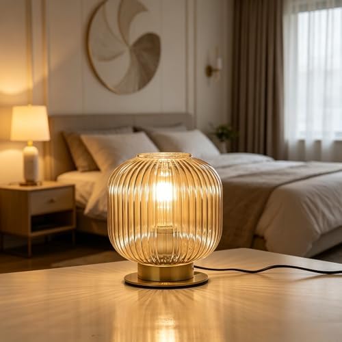 Ribbed Amber Glass Table Lamp, Mid Century Modern Nightstand Light with Gold Base, Plug-in Desk Lamp for Bedroom Living Room Office Study by RaGiBow
