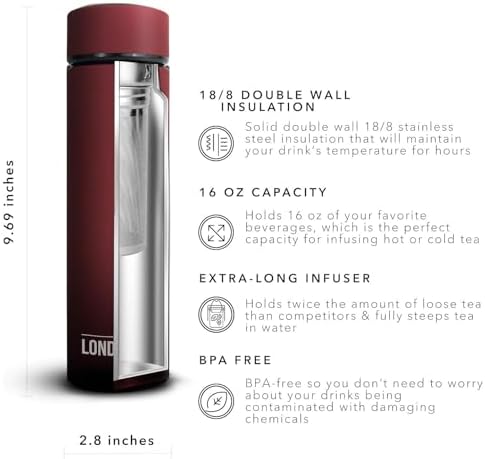 London Sip Multi-Purpose Travel Mug and Tumbler Fruit Infused Flask Hot and Cold Double Wall Stainless Steel Thermos with Extra-Long Infuser, Sacred Red, Pack of 2 - Image 2