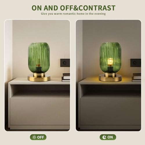 Glass Table Lamp of 2 Mid Century Table Lamps Modern Globe Table lamp Vintage Gold Desk Lamp Nightstand Lamp with Green Ribbed Design Shade for Bedside Bedroom Living Room Offic - Image 2