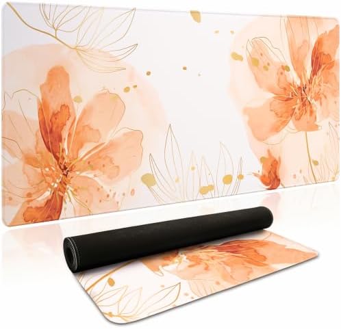 Desk Mat, Aesthetic Floral XXL Mouse Pad, 35.4 x 15.7 Inch, Orange by HUADO