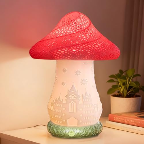 Cordless Mushroom Lamp - Rechargeable Touch Lamp for Nightstand, 3 Color Temperature Bedside Lamp with Rotating Castle Shade, Battery Operated Small Lamp for Bedroom, Nursery, Kids Room by Unknown
