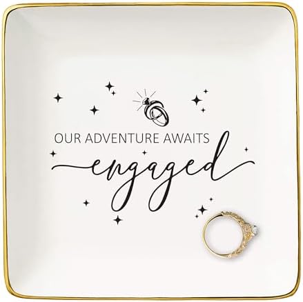 NZY Our Adventure Awaits-Got Engaged Gifts for Newly Engaged Couple-Happy Engagement Gifts for Bride,Bride to Be Present-Wedding Present-Ceramic Jewelry Tray Trinket Holder Ring Dish by NZY