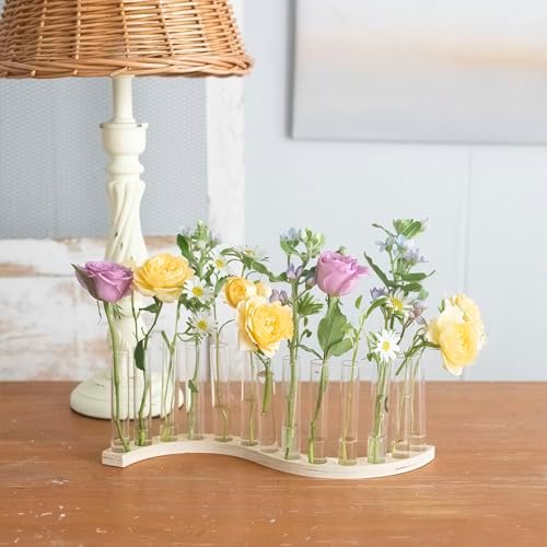 Test Tube Vases for Flowers，Small Plant Propagation Station，S Shape Plant Terrarium with Wooden Stand(Light Wood) - Image 2