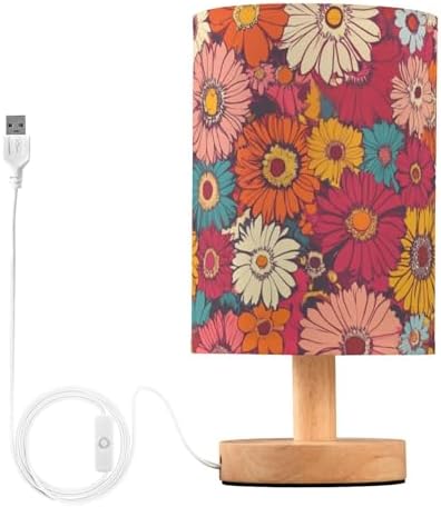Hippie Daisy Flowers Colorful Red Floral Bedside Table Lamps with USB Port for Bedroom Lamp Accent Table Lamp Small Nightstand Lamp Sturdy Linen Shade Wooden Decorative Lamps for Office Dorm Home by Fustylead