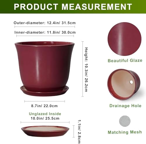 12 Inch Pots for Plants - Ceramic Planter for Indoor Outdoor, Round Plant Pot with Drainage Hole and Saucer, Large Planters, Modern Flower Pots, Home Room Office Decor, Gardening Gifts, Red - Image 2