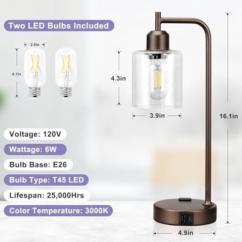 Innqoo Industrial Touch Table Lamps - 3-Way Dimmable Desk Lamps Set of 2 with USB C+A Ports and Outlet, Brown Bedside Lamps with Clear Glass Shade for Living & Bedrooms - Image 7