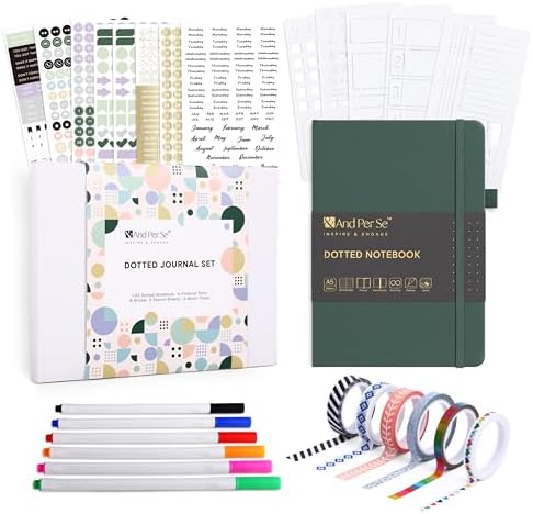 &And Per Se Junk Journal Kit, A5 Hardcover Dot Grid Journal Notebook Set for Beginners with Journaling Supplies Stencils, Stickers, Washi Tapes & Colored Pens Accessories (Green) by AndPerSe