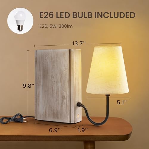 AELS Solid Wood Bookshelf Lamp with Bulb, 3-Color Touch Control Dimmable Table Lamp with Linen Shade, Modern Decorative Bookend Lamp for Bedroom, Office & Bookshelf Decor, White - Image 2