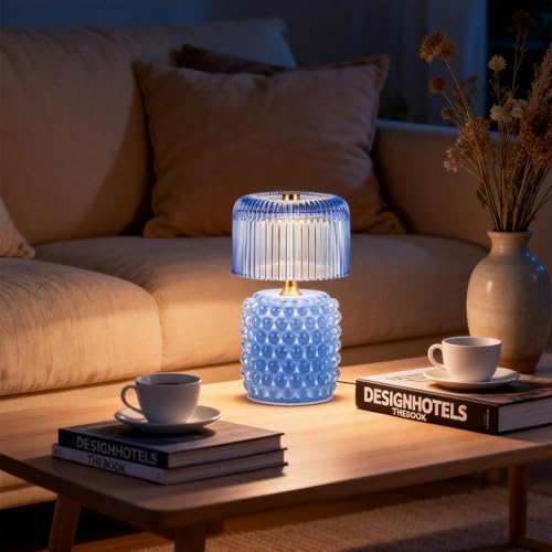 Small Battery Operated Lamp with Timer, Pearl, Blue - Image 5