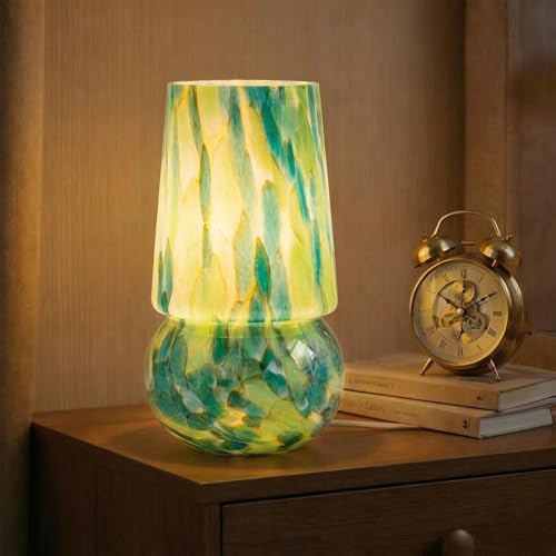 9.8″ Mushroom Glass Table Lamp, Dimmable Modern Beside Lamp, Emerald Teal by Keazile