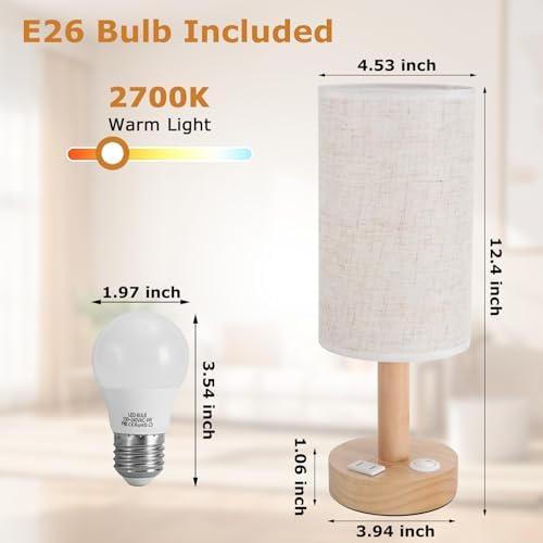 Small Bedside Table Lamp with AC Outlet, Natural Wood Base & Linen Shade, Mini Cute Cozy Warm White Nightstand Boho Lamp, Study Desk Night Stand Light for Bedroom, Kitchen, Nursery, Living Room - Image 4