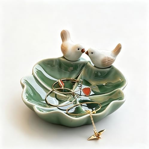 Ceramic Jewelry Tray Trinket Dish, Cute Bird & Lotus Leaf Design, Ring Holder, Seasoning Condiment Dish, Aesthetic Vanity Desk Decor for Bedroom Bathroom (green) by Qaoliffa