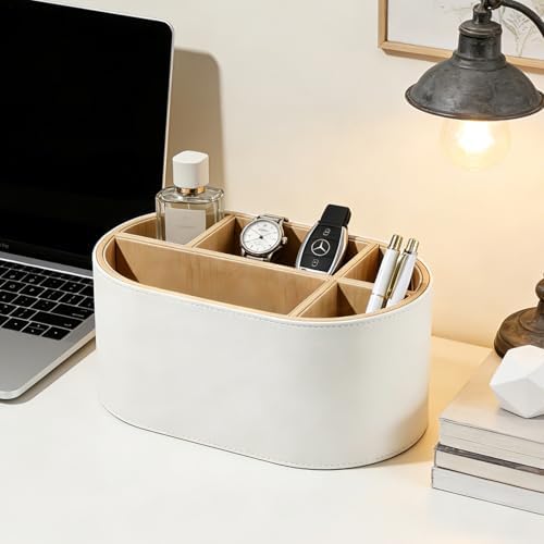 KINGFOM PU Leather Desk Organizer with Multi Compartments, Desktop Caddy Holder for Remote Controls, Pens, Makeup Brushes, Office Accessories (Beige) - Image 6