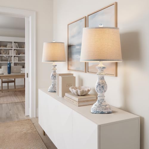 PARTPHONER Traditional Table Lamp Set of 2, Rustic Farmhouse Table Lamps for Living Room Bedroom, 27" Bedside Desk Lamps Vintage Nightstand Lamps with Linen Shades, Washed Blue - Image 6