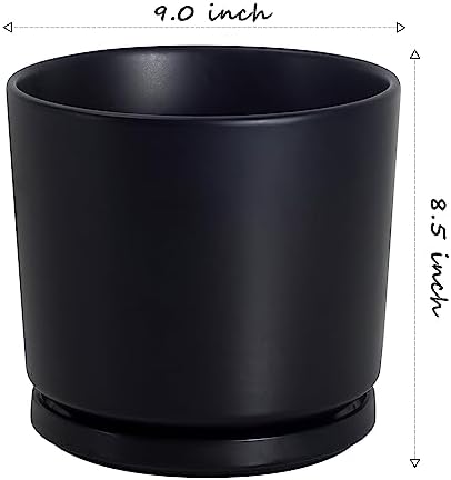 Ekirlin 9 inch Plant Pots,Ceramic Flower Planters Indoor,Modern Succulents Containers with Drain Hole Saucer,Decorate Home,Office & Outdoor (Black) - Image 2