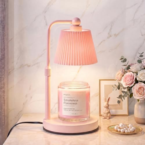 Candle Warmer Lamp with Timer, Pink Modern Candle Lamp for Home Decor, Electric Candle Warmer Lamp, Dimmable Wax Warmer for Jar Candles, Gift Box Included-Pink Pleats by Bingyouth