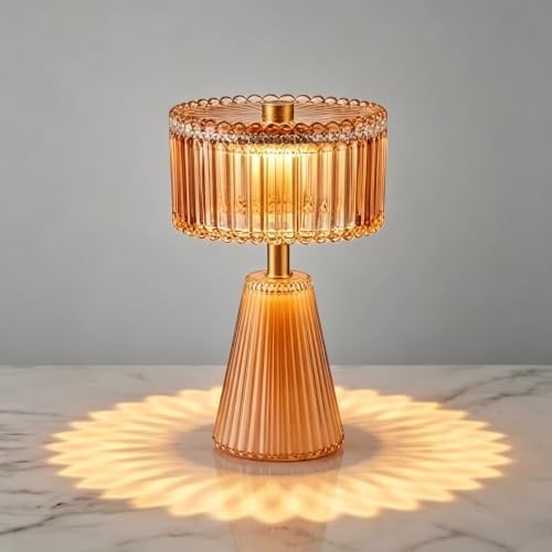 Cordless Glass Table Lamp - Small Battery Operated Lamp with 6H Timer, Vintage Fluted LED Battery Powered Lamps, Amber Glam Accent Nightstand Light for Bedroom, Bathroom, Patio (Amber+Small by MiuBrty