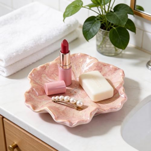 Flower Shaped Ceramic Jewelry Tray, Decorative Trinket Dish for Rings Earrings Necklaces, 5 Inch Ceramic Catchall Tray for Vanity Bathroom, Gift for Women (Pink) - Image 4