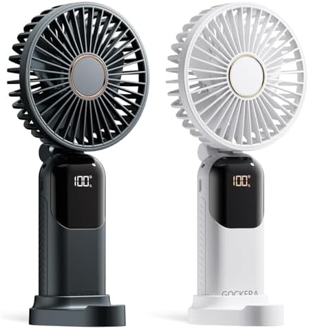 GOCKERA Portable Fan, 4200mAh Battery Operated Fan, 5 Speeds&Digital Display, Makeup Fans for Women with Base, 180°Foldable 3in1 Handheld/Neck/Desk Fan for Outdoor Indoor,Ultra Quiet (Black white) by GOCKERA