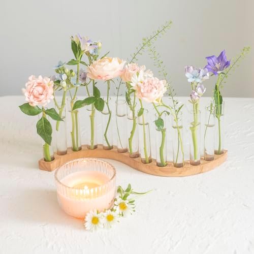Test Tube Vases for Flowers，Small Plant Propagation Station，S Shape Plant Terrarium with Wooden Stand (Solid Beech) - Image 4