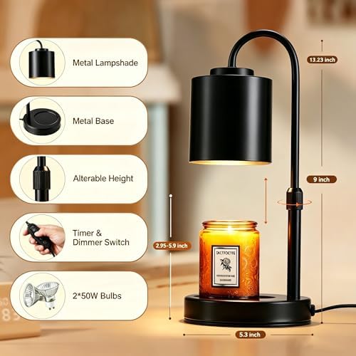CASTLELIFE Dimmable Candle Warmer Lamp with Timer, Height Adjustable Candle Warmer for Jar Candles, Electric Wax Melt Warmer for Home Decor House Warming Gifts, Birthday Gifts for Women, Black - Image 2