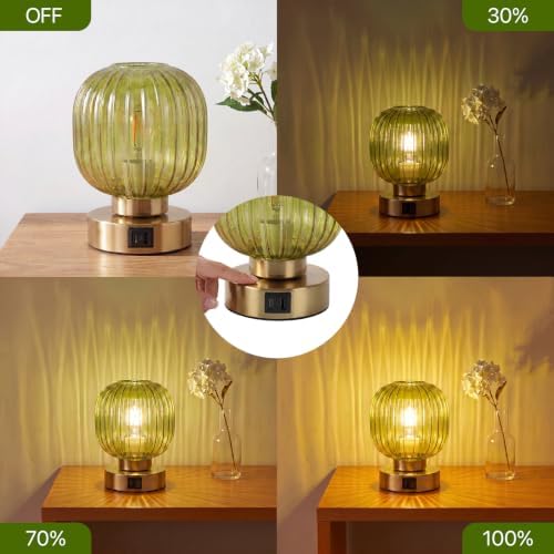 Elenhome Touch Table Lamp Set of 2, 3-Way Dimmable with Glass Shade, USB-C+A Charging Ports, Mid-Century Modern Small Bedside Lamps for Nightstand, Bedroom, and Living Room, LED Bulb Included (Green) - Image 3