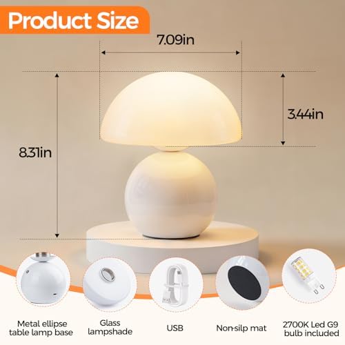 NIORSUN Wireless Mushroom Lamp Set of 2,Table Lamp for Bedroom, Portables Cordless Lamps,Wireless Light,Bedside Table Lamp for Living Room,Mini Mushroom 5200mAh Battery Operated Lamps Modern (White) - Image 2