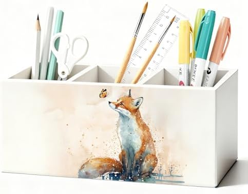 Fox Pen Pencil Holder for Desk Accessories, Fox Gifts for Women, Animal Lovers Gifts, Rustic Butterfly Wild Animal Wooden Box Sign Decorations for Kids Room Home Office Desk Tabletop by Unknown