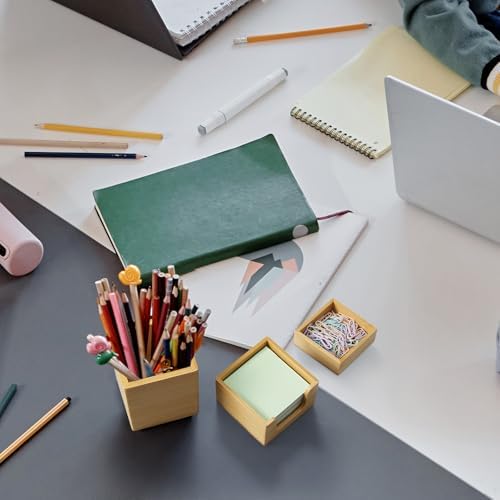 Desk Organizer Set of 3 - Bamboo Office Desk Accessories - Desk Organizers and Accessories for Women Men - Set incl. Pencil Pen Holder, Paperclip Storage and Sticky Note Holder - Image 5