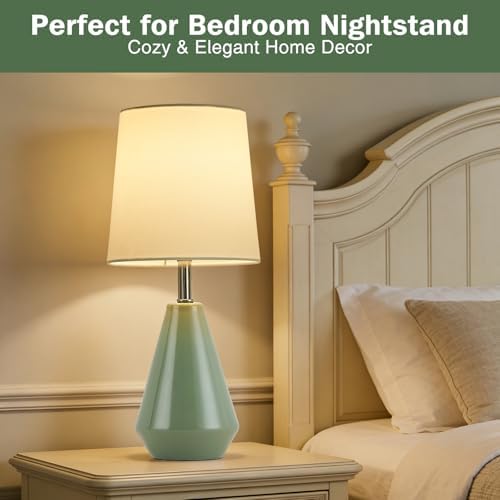 Small Bedside Table Lamp for Bedroom-Reading Desk Lamp Set of 2,with 3 Color Temperatures,15.5" Nightstand Ceramic Lamp with Fabric Shade for Kids Room,Living Room,Dorm,Home Office (Green+White ) - Image 3