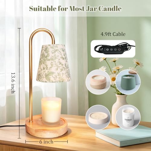 Candle Warmer Lamp with 2 Bulbs Timer Dimmer Green Botanical Linen Lampshade Table Lights Mothers Day Birthday Gifts for Women Her Mom House Warming Aesthetic New Home Modern Room Decor - Image 5